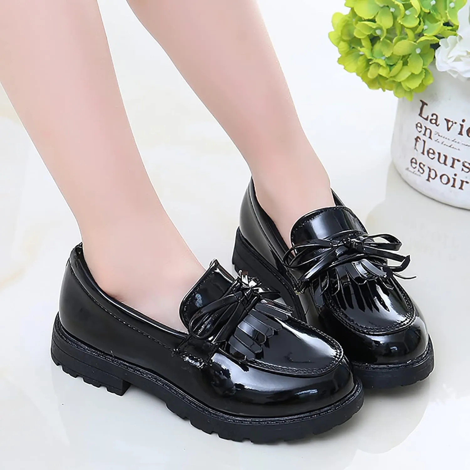 Toddler Boys Girls Leather Sneaker Dress Shoes with Bow School Dance Shoes Loafer High Toe Non Slip Sport Shoes