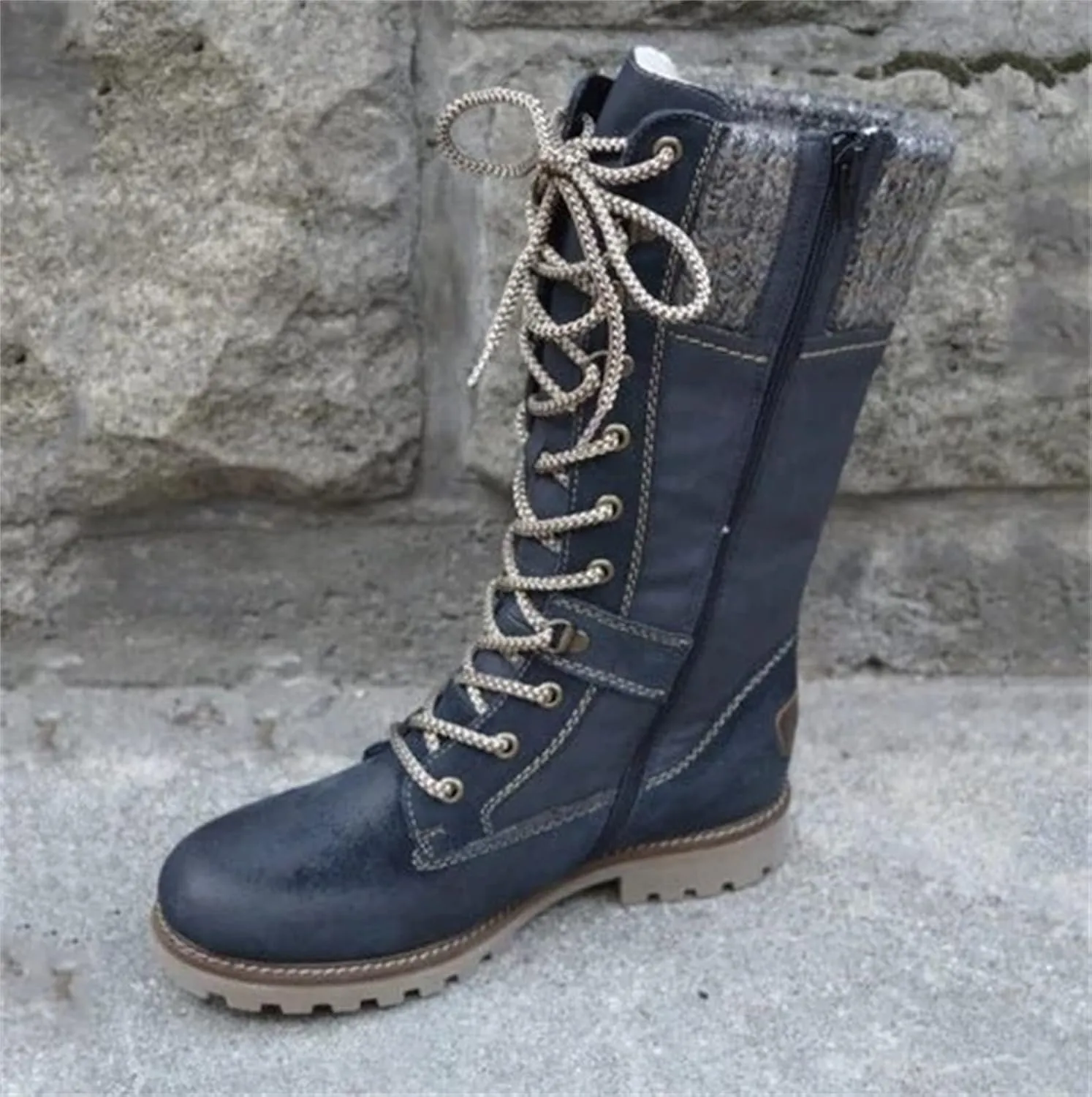 Winter Boots For Women 2022 Trendy Lace-up Combat Boots Mid-calf Military Booties Side Zipper Platform Warm Walking Shoe