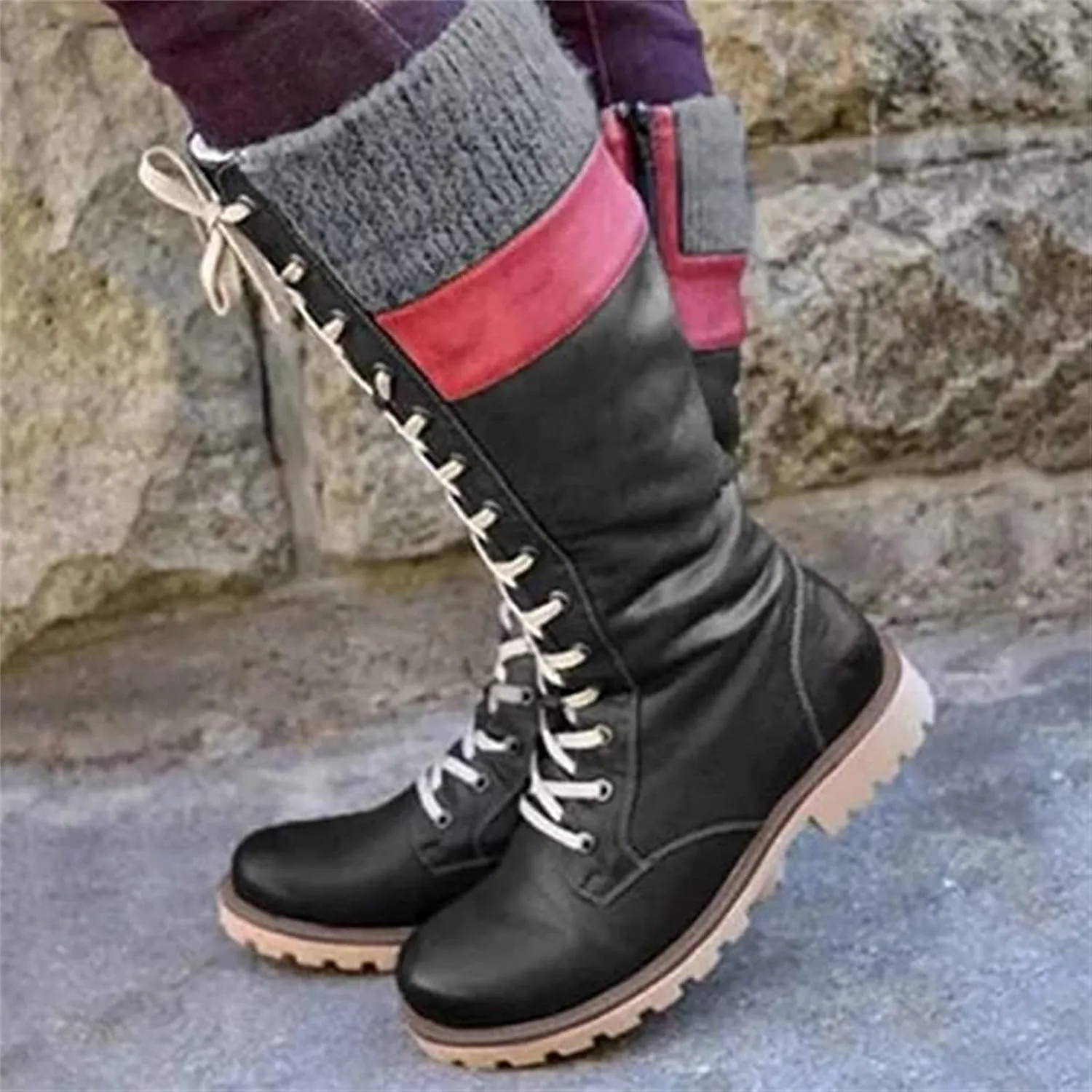 Winter Boots For Women Fashion 2022 Lace up Mid Calf Combat Riding Military Boots Side Zipper Low Heel Platform Shoes