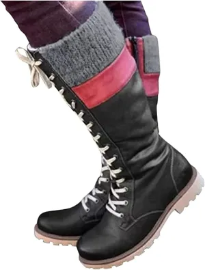 Winter Boots For Women Fashion 2022 Lace up Mid Calf Combat Riding Military Boots Side Zipper Low Heel Platform Shoes