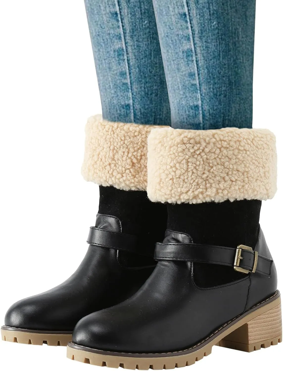 Winter Snow Boots for Women Block Heel Boots Female Mid Calf Boots Winter Warm Cotton Lace up Comfortable Boots