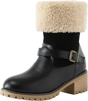 Winter Snow Boots for Women Block Heel Boots Female Mid Calf Boots Winter Warm Cotton Lace up Comfortable Boots
