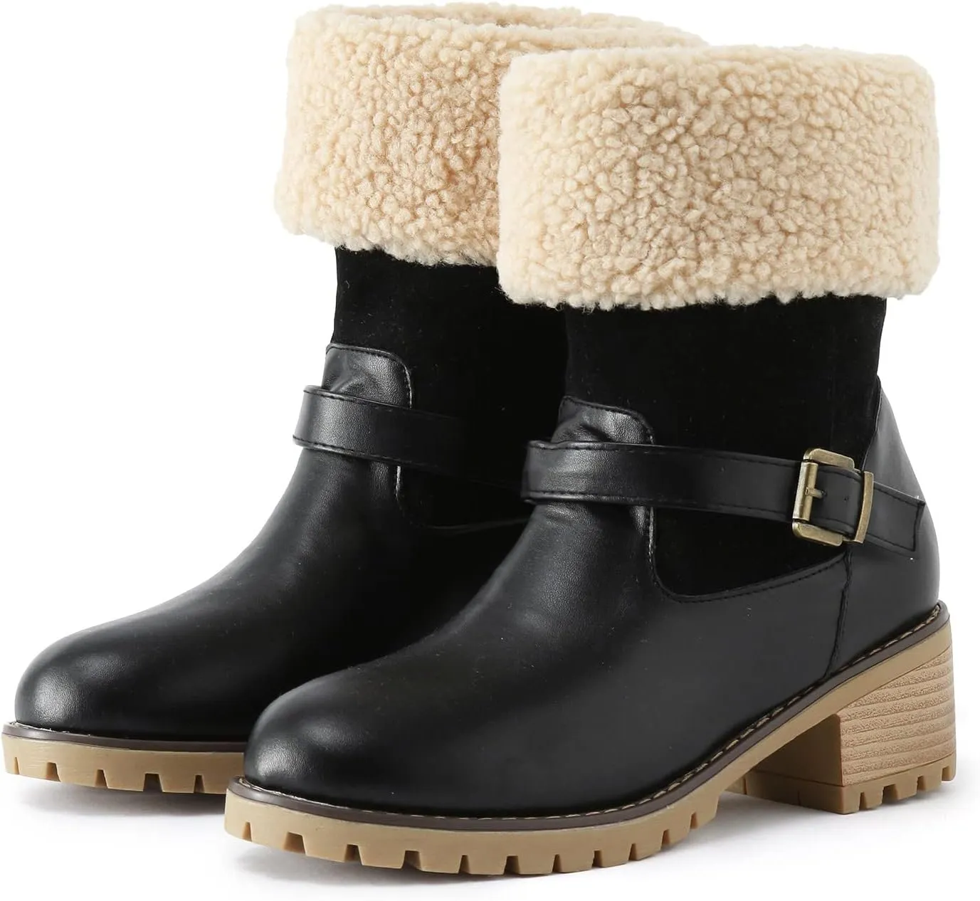 Winter Snow Boots for Women Block Heel Boots Female Mid Calf Boots Winter Warm Cotton Lace up Comfortable Boots