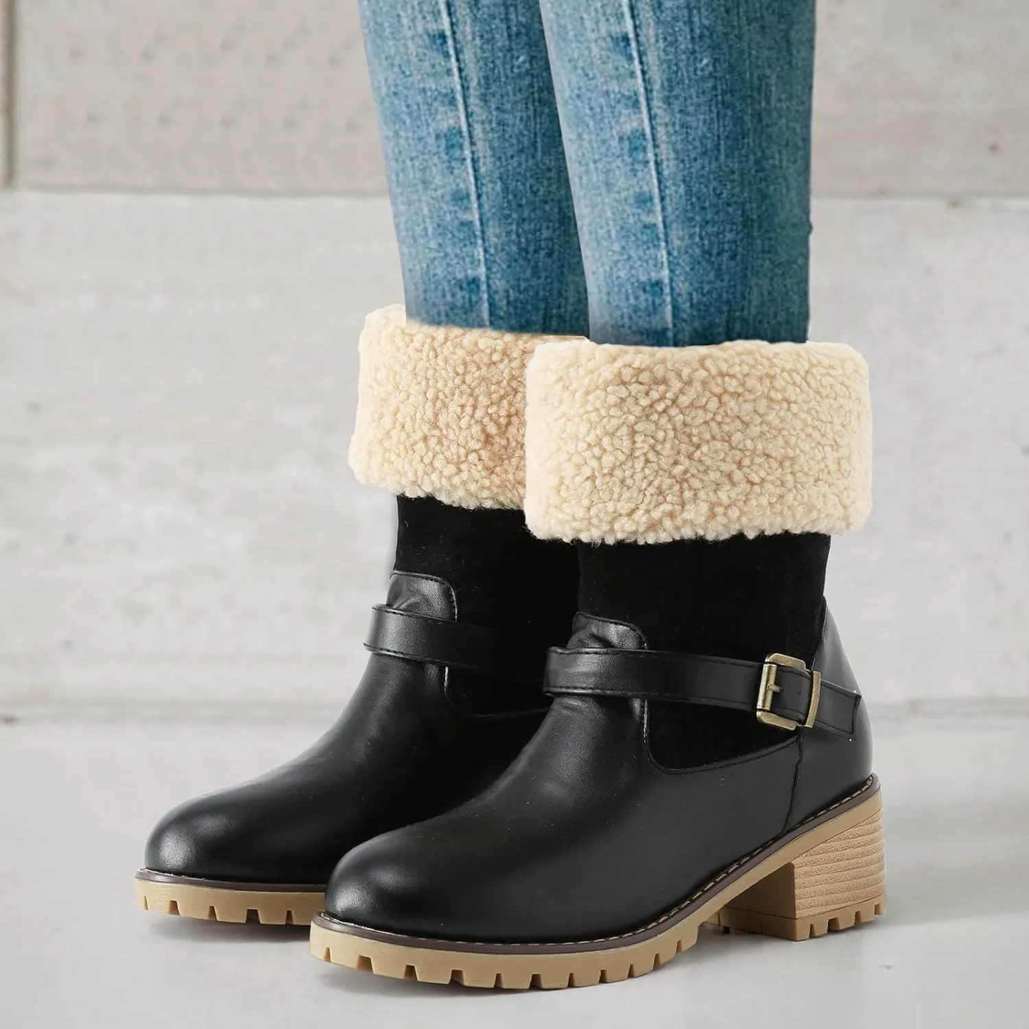 Winter Snow Boots for Women Block Heel Boots Female Mid Calf Boots Winter Warm Cotton Lace up Comfortable Boots