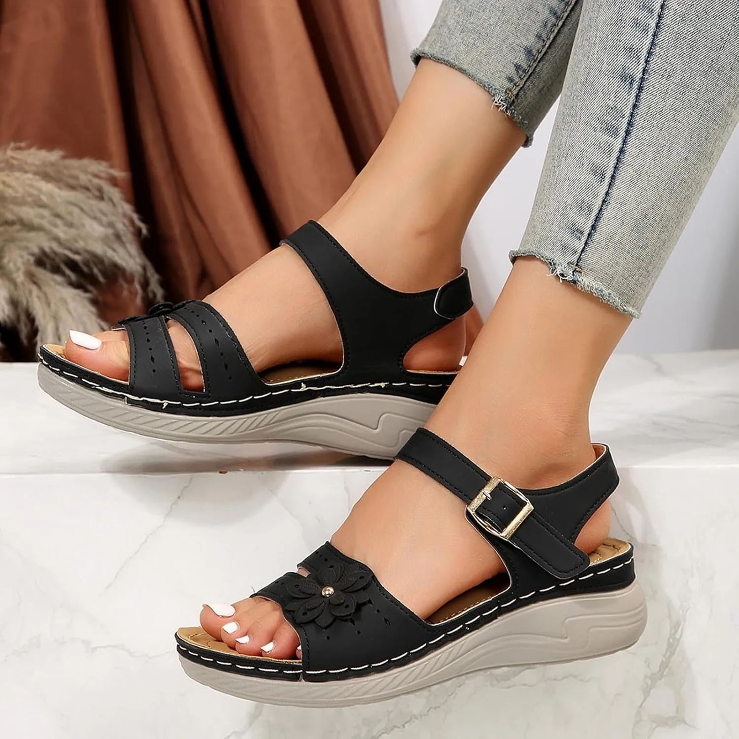 Women Hook and Eye Sandals Platform Heighten Solid Durable Shoe Hollow Out Trendy Summer Sandal Open Toe Casual Flat