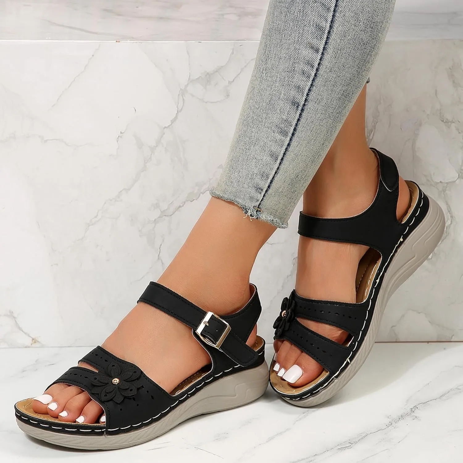 Women Hook and Eye Sandals Platform Heighten Solid Durable Shoe Hollow Out Trendy Summer Sandal Open Toe Casual Flat