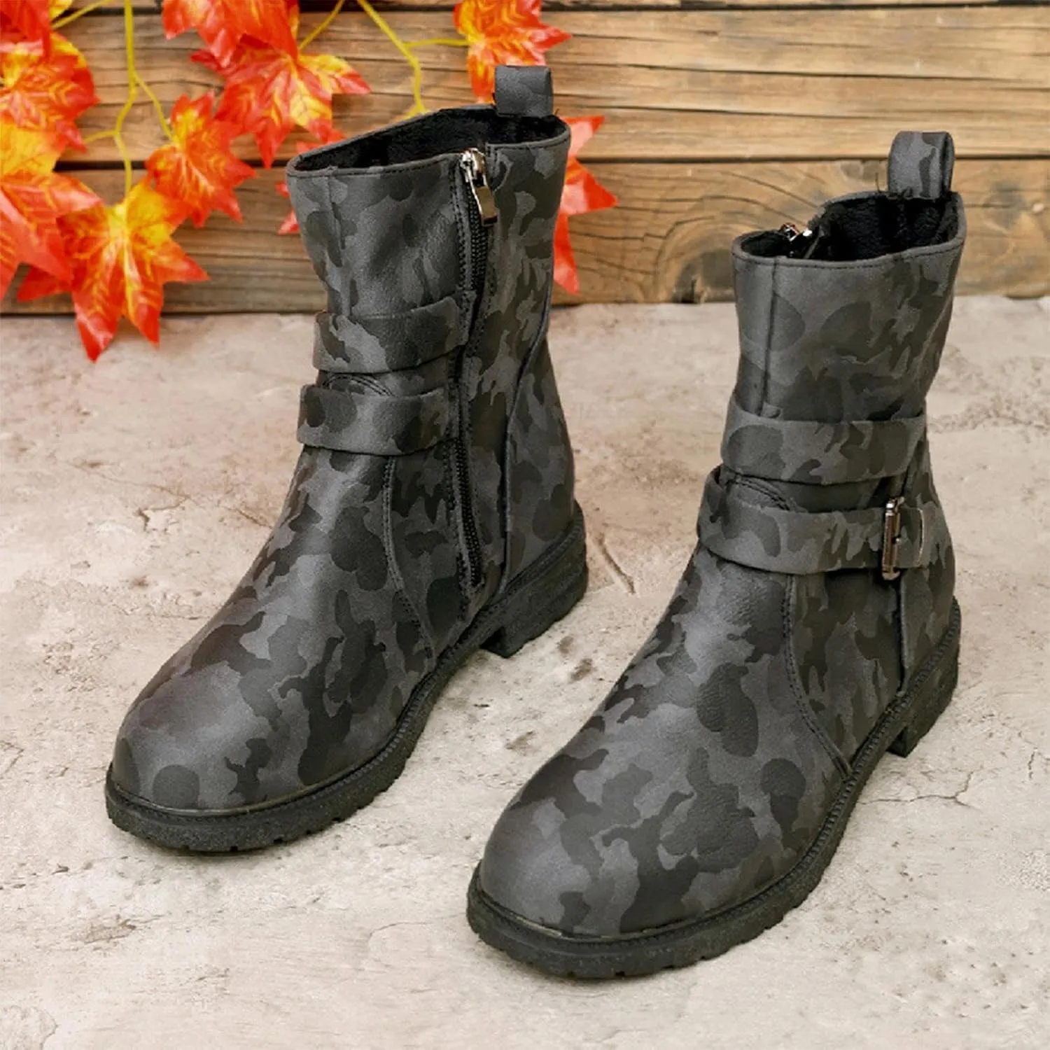 Womens Combat Boots Fashion Side Zipper Buckle Ankle Booties Chunky Low Heel Fashion Round Toe Mid Calf Boot Shoes