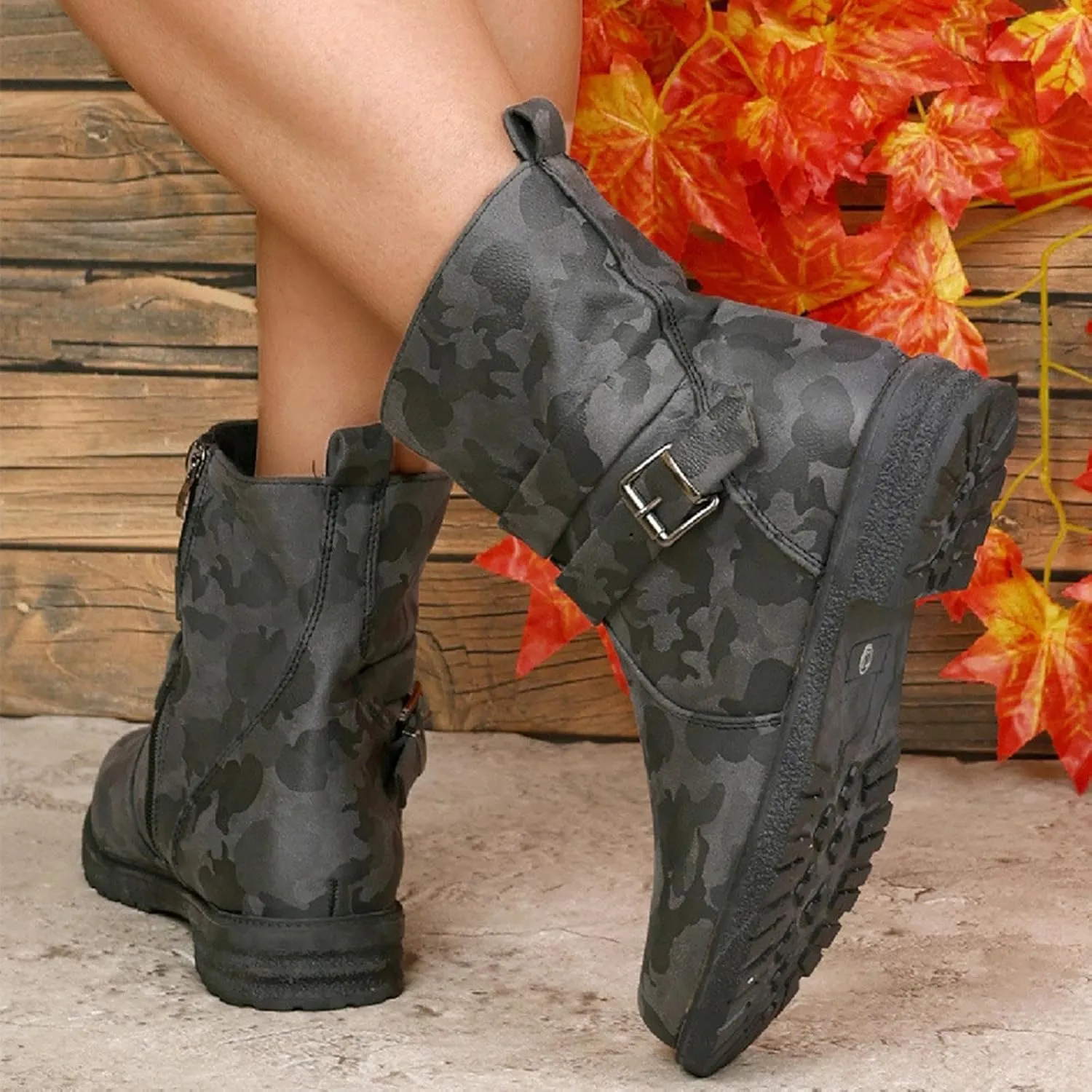 Womens Combat Boots Fashion Side Zipper Buckle Ankle Booties Chunky Low Heel Fashion Round Toe Mid Calf Boot Shoes
