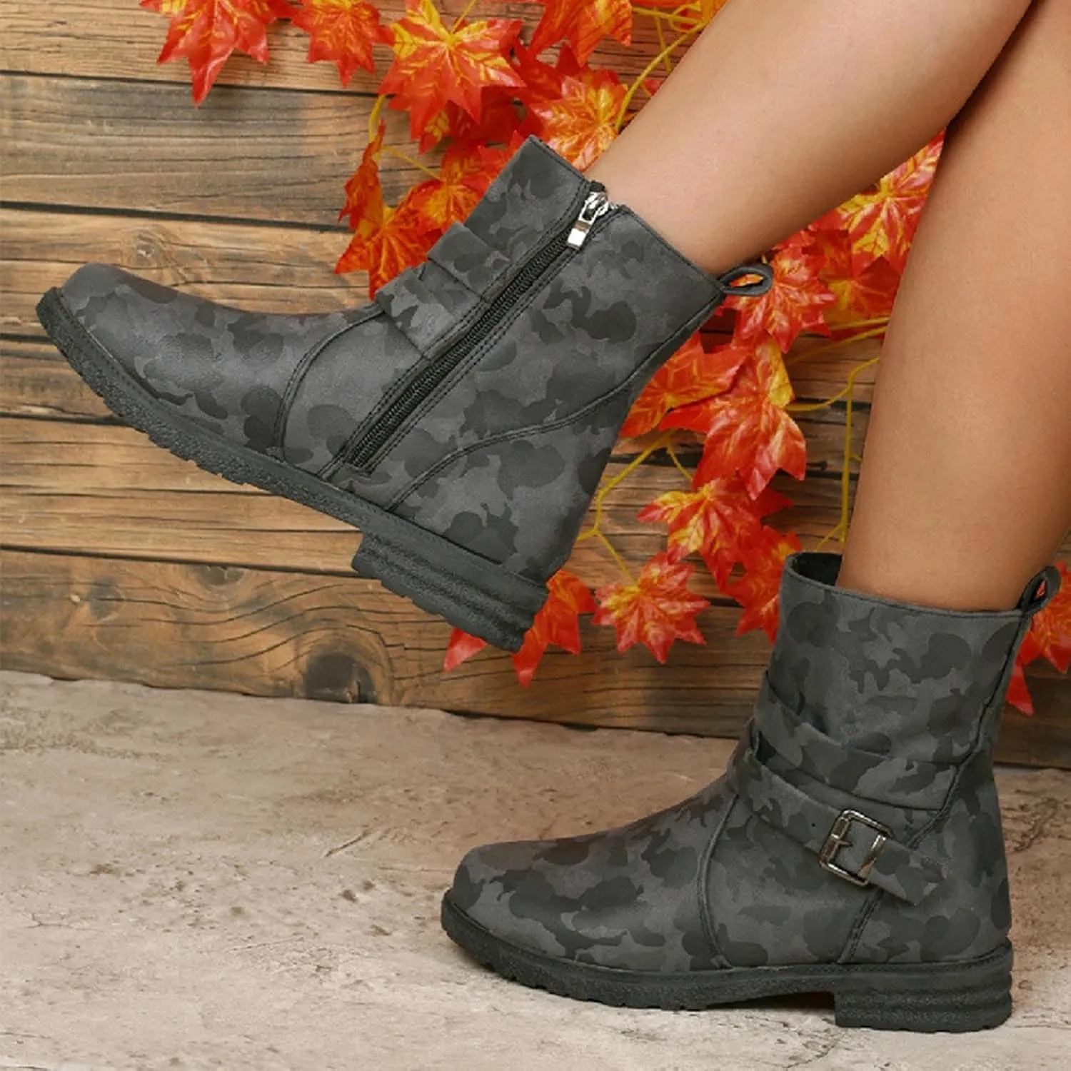 Womens Combat Boots Fashion Side Zipper Buckle Ankle Booties Chunky Low Heel Fashion Round Toe Mid Calf Boot Shoes