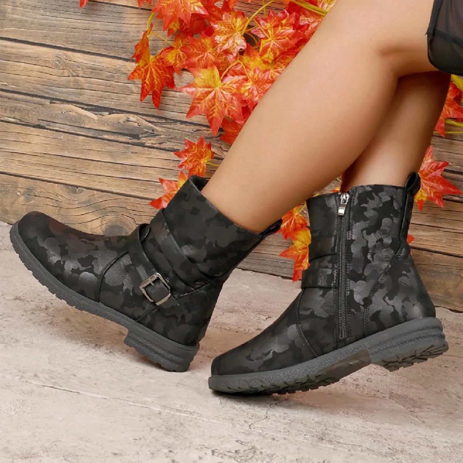 Womens Combat Boots Fashion Side Zipper Buckle Ankle Booties Chunky Low Heel Fashion Round Toe Mid Calf Boot Shoes