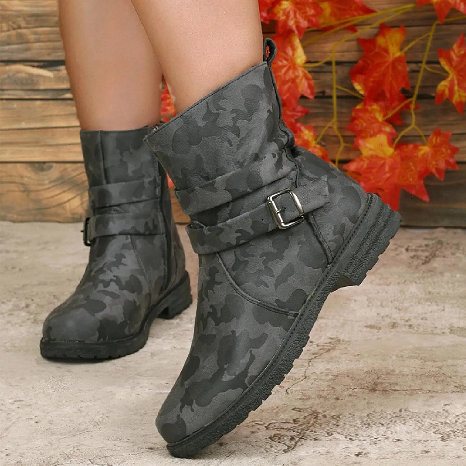 Womens Combat Boots Fashion Side Zipper Buckle Ankle Booties Chunky Low Heel Fashion Round Toe Mid Calf Boot Shoes