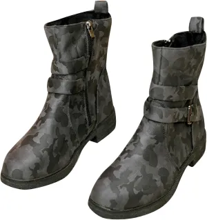 Womens Combat Boots Fashion Side Zipper Buckle Ankle Booties Chunky Low Heel Fashion Round Toe Mid Calf Boot Shoes