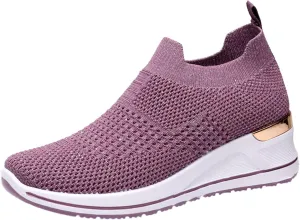 Women’s Walking Shoes Elastic Fly Woven Mesh Shoes Breathable Comfortable Wedge Shoes Arch Support Shoes