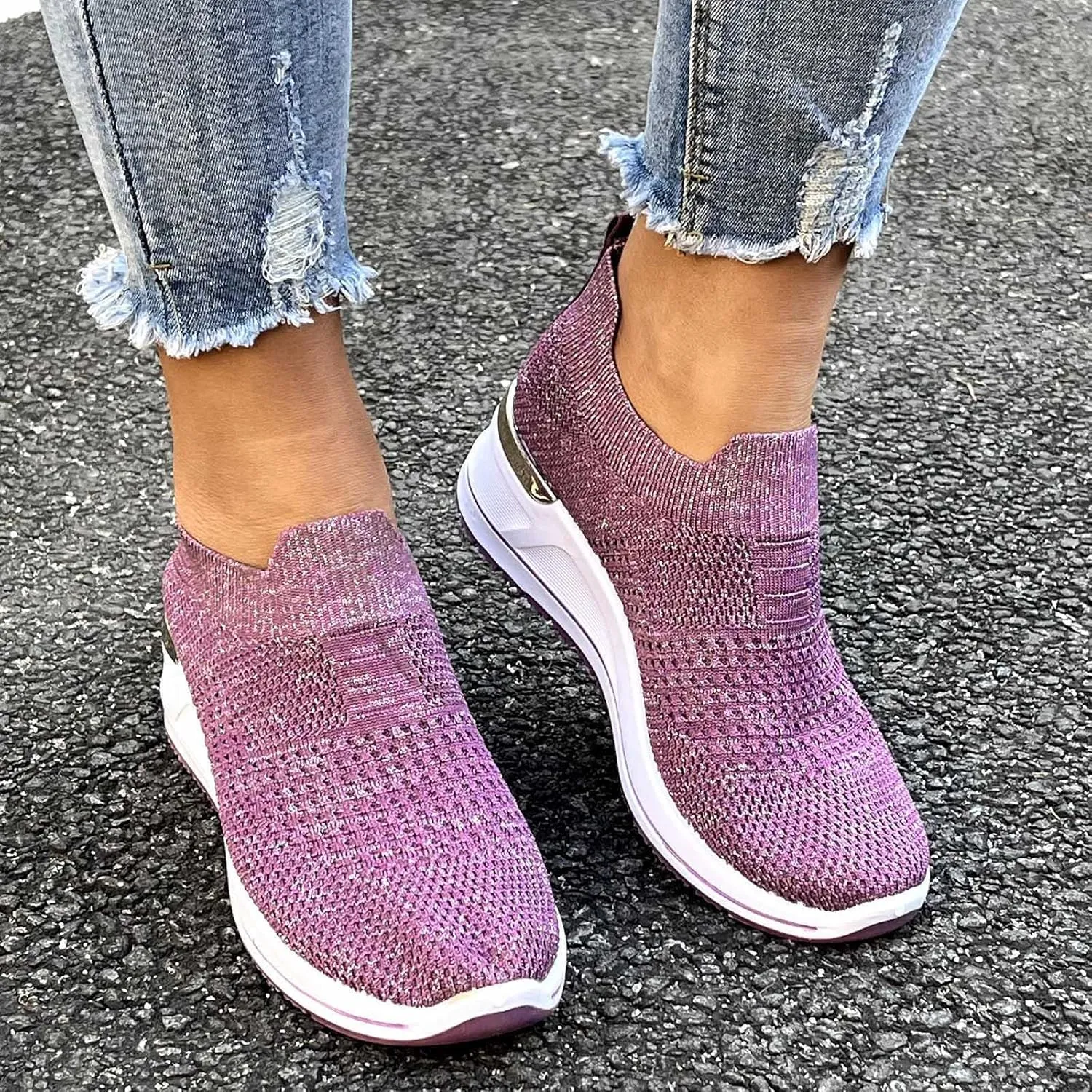 Women’s Walking Shoes Elastic Fly Woven Mesh Shoes Breathable Comfortable Wedge Shoes Arch Support Shoes