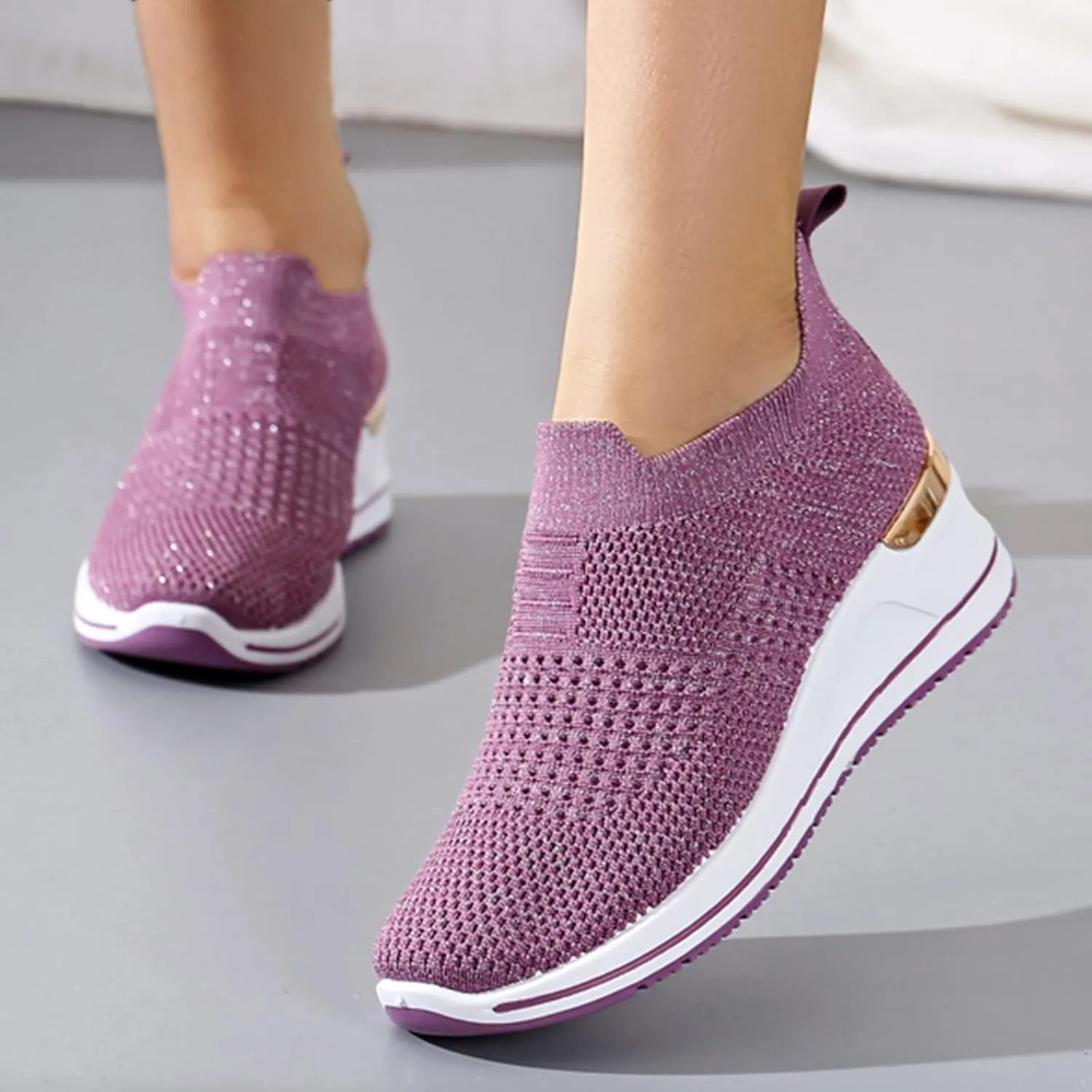 Women’s Walking Shoes Elastic Fly Woven Mesh Shoes Breathable Comfortable Wedge Shoes Arch Support Shoes