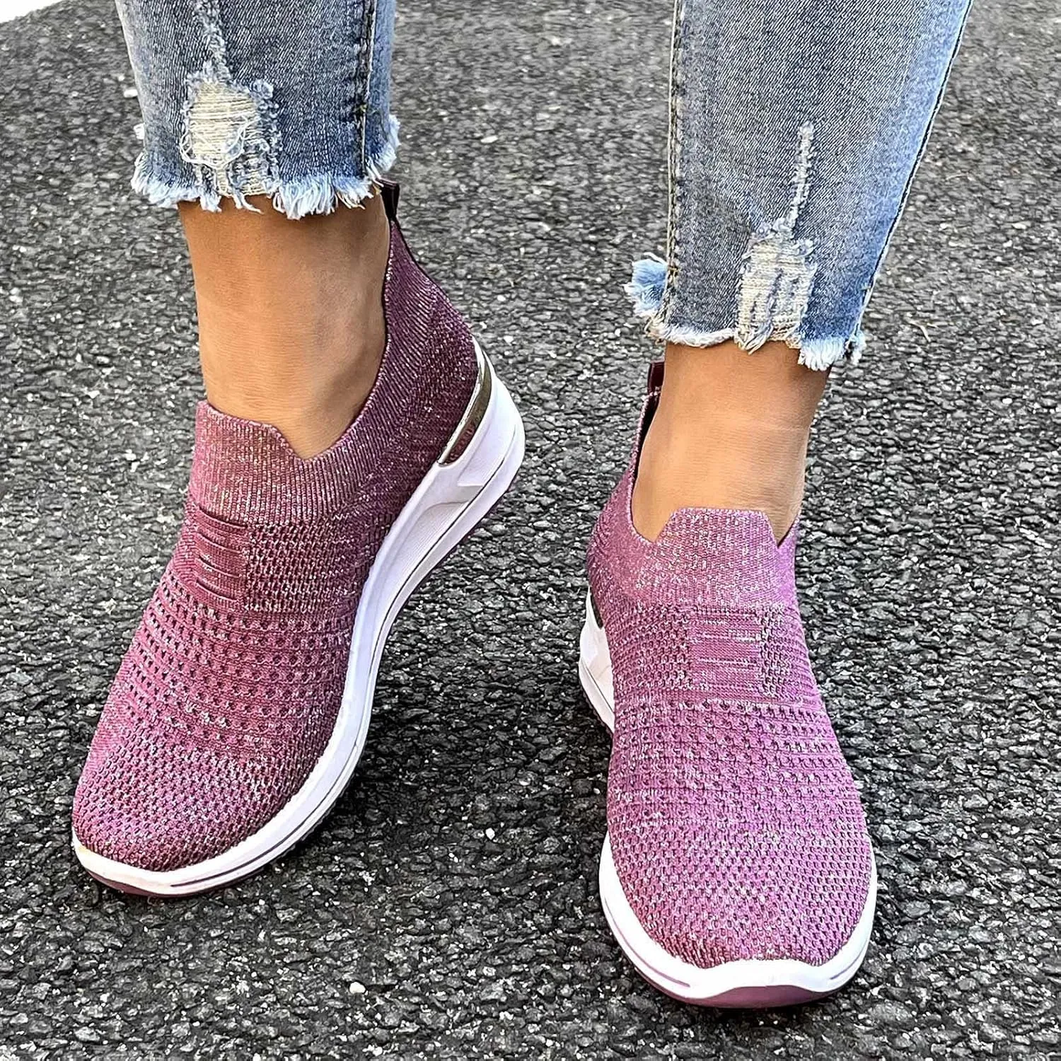 Women’s Walking Shoes Elastic Fly Woven Mesh Shoes Breathable Comfortable Wedge Shoes Arch Support Shoes